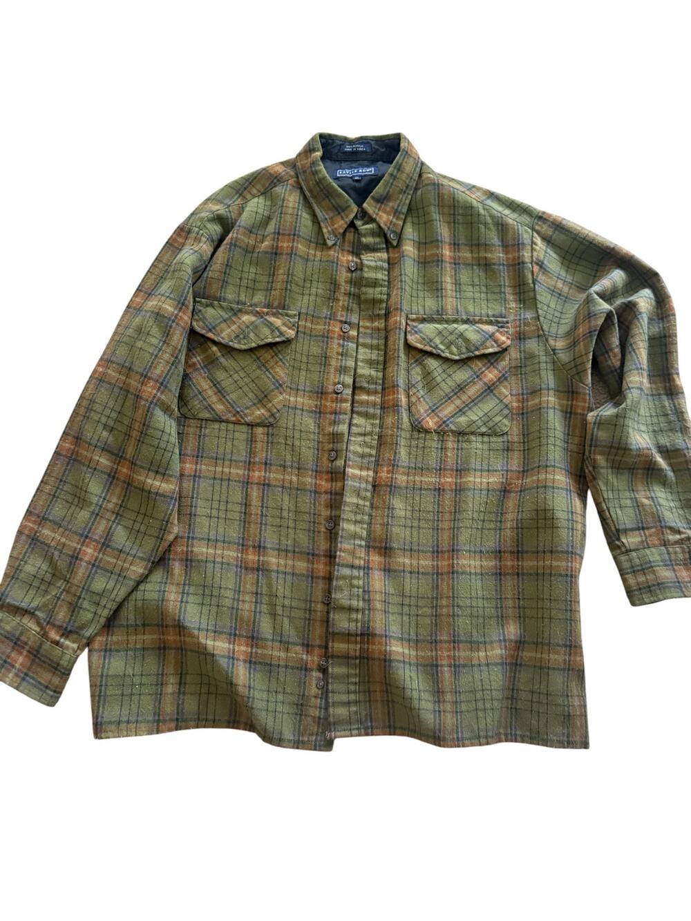Vintage Savile Row XL Plaid Button Down Shirt Olive Green Flannel Look Outdoor